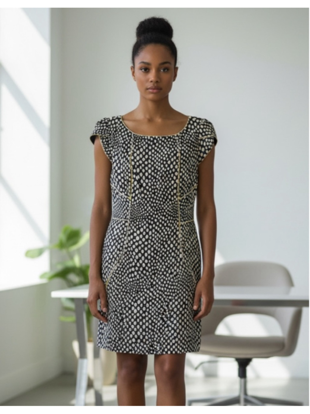 Miss Sixty M60 Black & Ivory Spot Print Sheath Dress Contrast Piping Retro Mod S